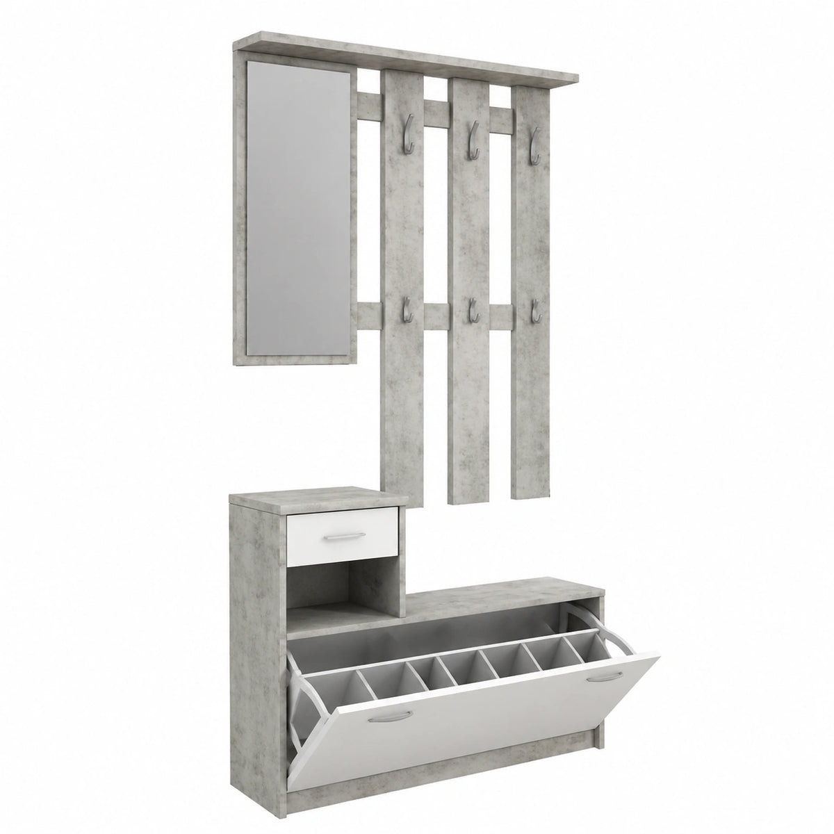 Mobile Ingresso Multifunzione con Scarpiera e Specchio, 100x25x180 cm, Bianco e Grigio Cemento