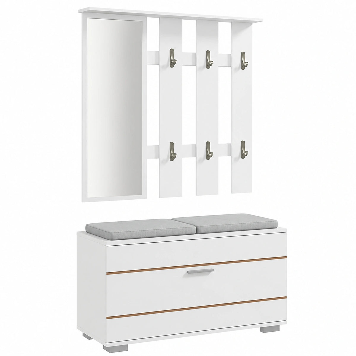 HOMCOM Set Ingresso Multifunzionale con Appendiabiti, Specchio, Panca Imbottita e Scarpiera per 8 Scarpe, Bianco