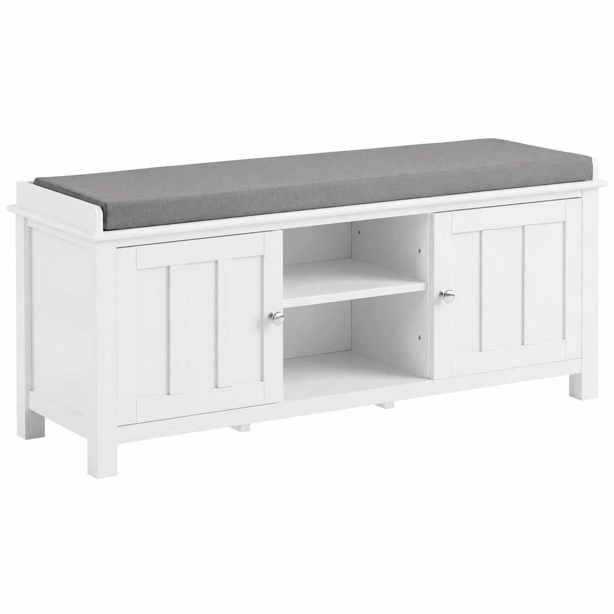 Scarpiera Panca Bianco con Cuscino, 2 Armadietti e Ripiani, 150 kg Capacità, 105x35x43 cm