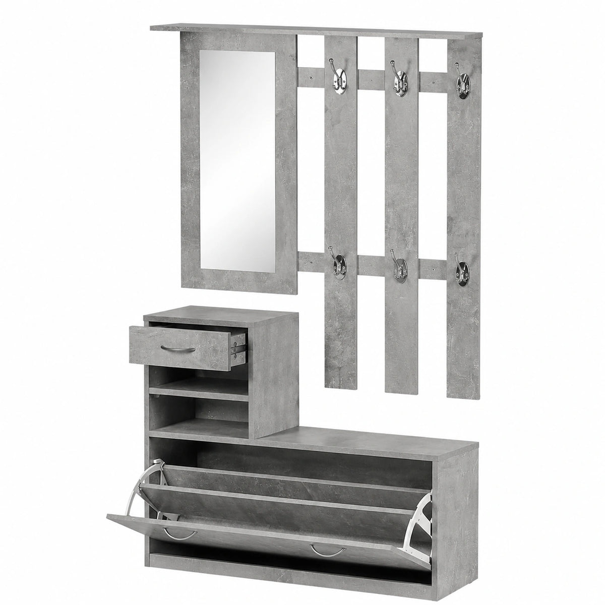 HOMCOM Armadio da Ingresso con Scarpiera, Specchio e Mensole, Grigio Cemento, 90x10x102cm