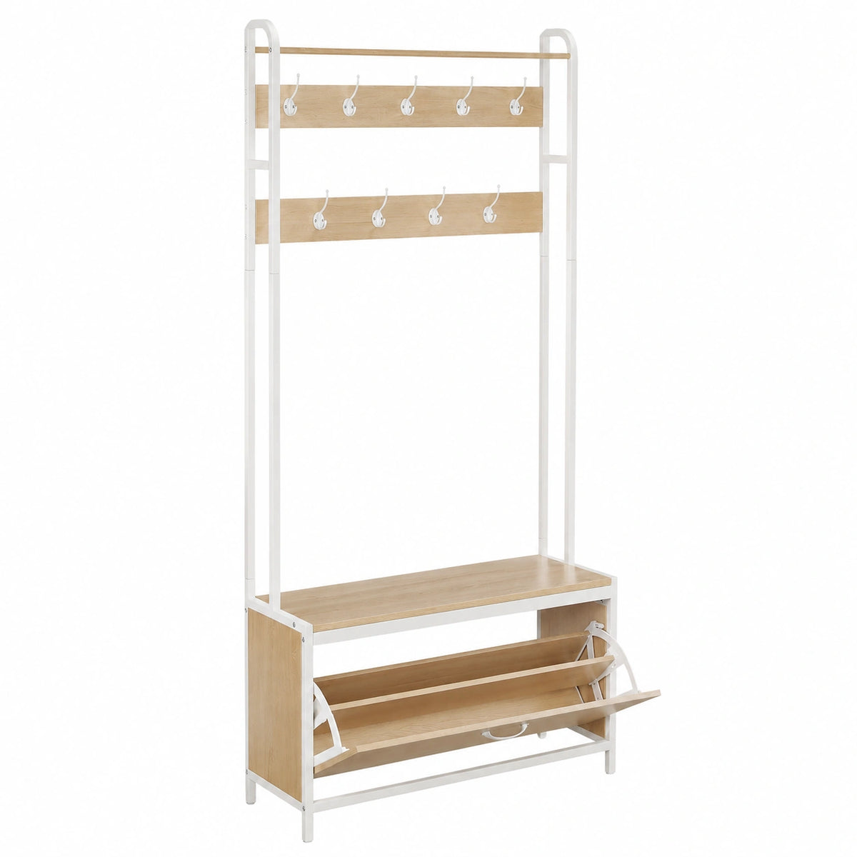 Appendiabiti Moderno con Panca e Scarpiera a Ribalta, 9 Ganci, Mensola Superiore, Rovere e Bianco, per Ingresso e Camera da Letto