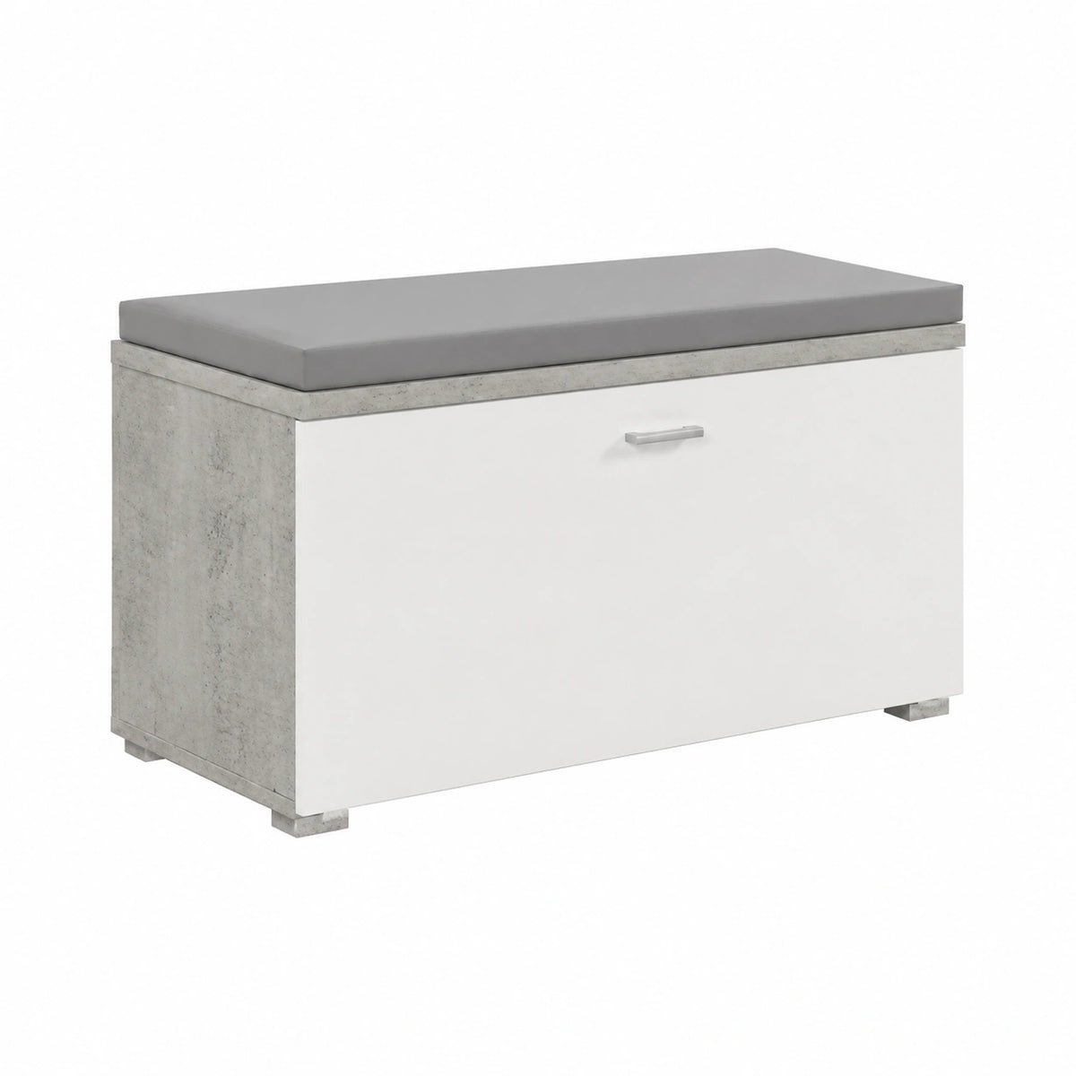 Scarpiera moderna con anta ribaltabile e 4 scomparti, panca con cuscino, salvaspazio per ingresso, produzione italiana, bianco 85x40x42 cm