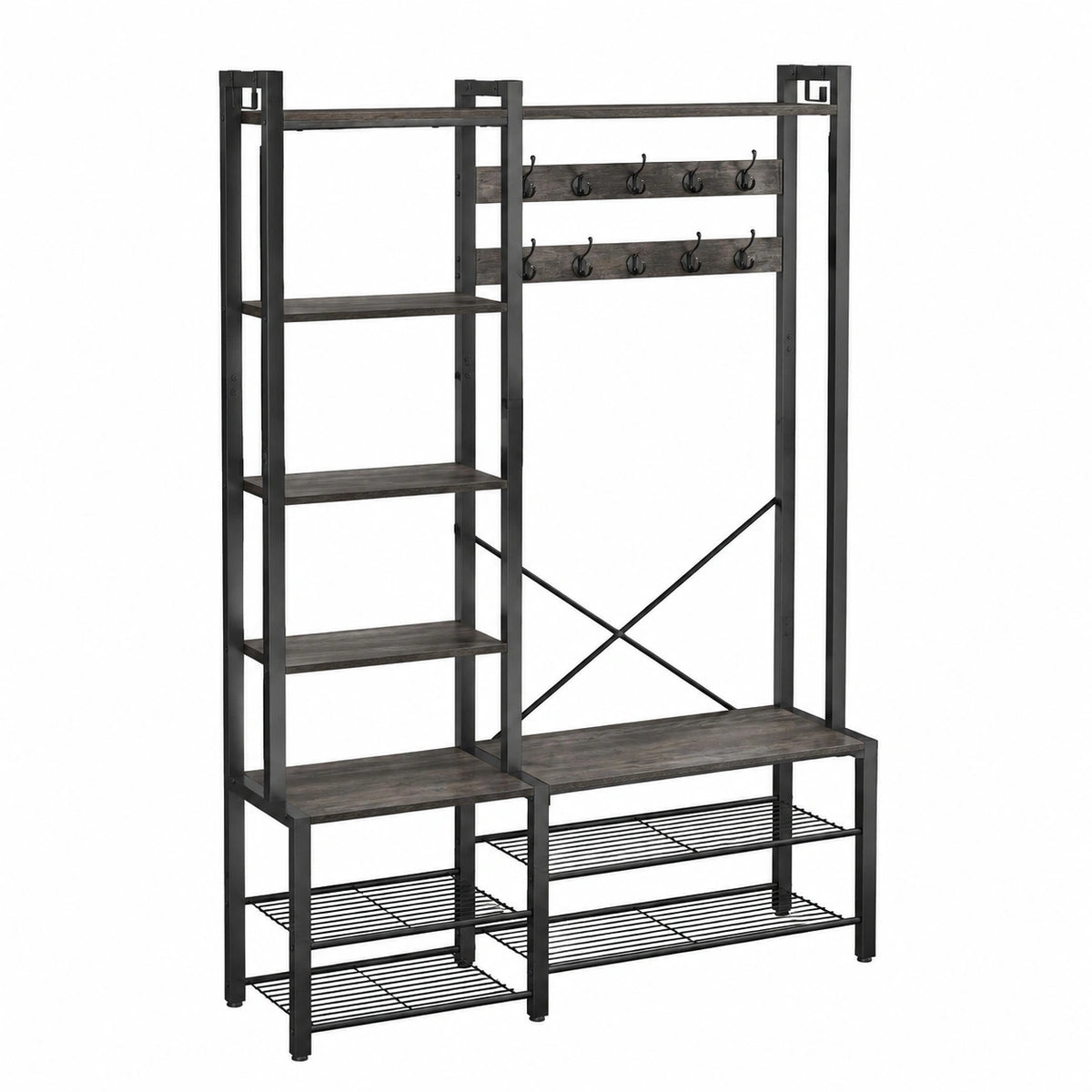 Appendiabiti Multifunzionale con Panca e Scaffali, Design Moderno, Grigio e Nero, 40x120x190 cm