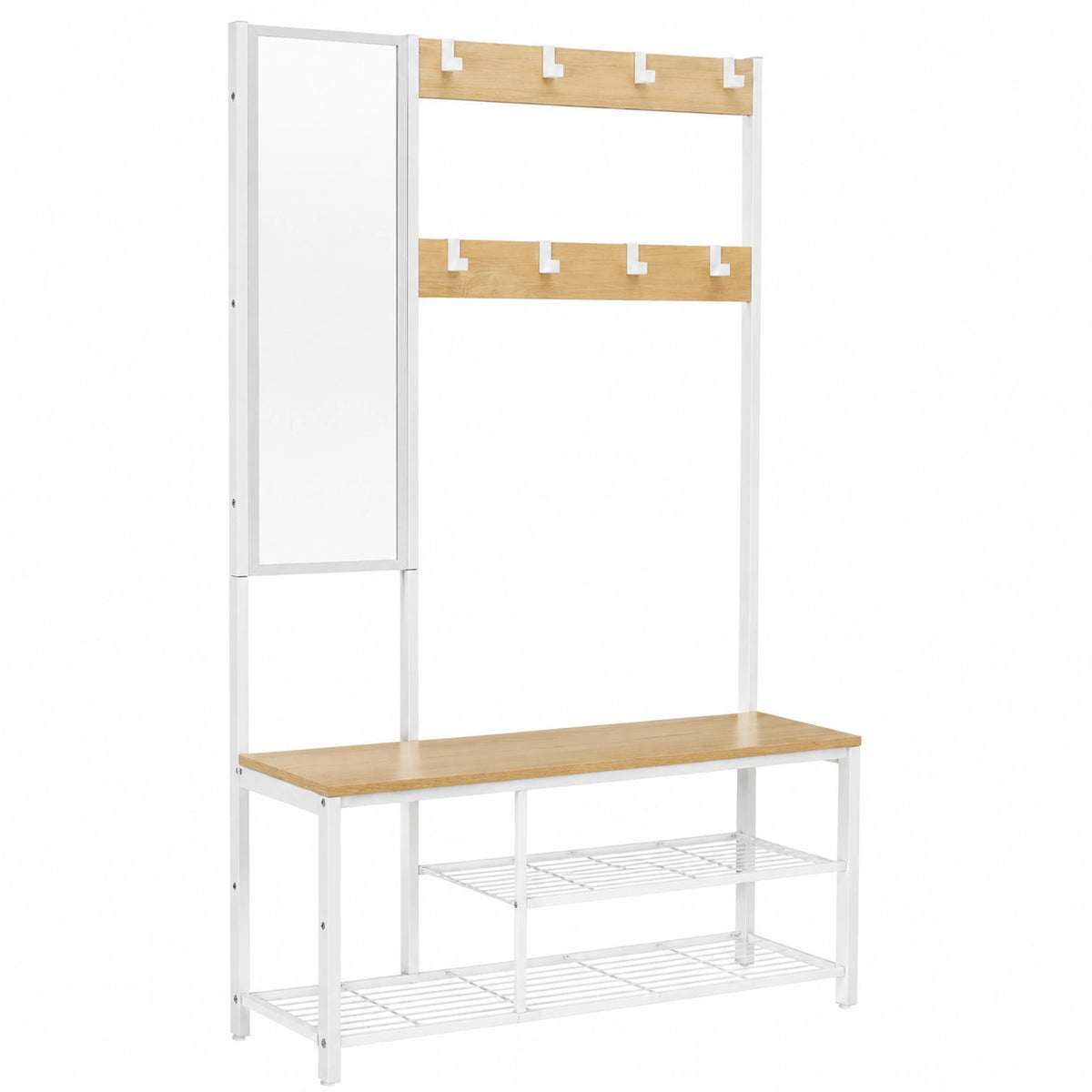 Mobile Ingresso Multifunzionale con Specchio, Ganci e Panca Scarpiera, Rovere e Bianco, 36 x 98 x 185 cm